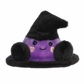Vibrant purple and black witch hat plush with pink cheeks and a friendly smile. Ideal for magic lovers.