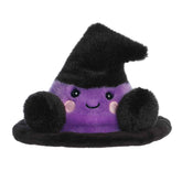 Vibrant purple and black witch hat plush with pink cheeks and a friendly smile. Ideal for magic lovers.