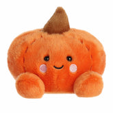 Cheerful orange Palm Pal pumpkin plush with playful pattern and cute brown stem, perfect for seasonal joy.