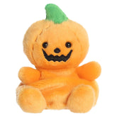Orange pumpkin head plush with a smiling jack-o'-lantern face