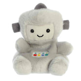 Cuddly tiny robot plush toy with light gray soft fur, colorful embroidery pattern in the middle, and a smiling face design