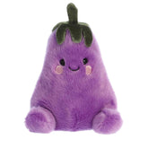 Cute cuddly eggplant plush toy with soft purple fur body, embroidered smiling face design with pink accents, and green stem.