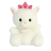 Plush toy of a white kitten in the Palm Pals collection with a pink bow, embodying elegance and charm.