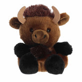 Billy Bison plush, chocolate-brown with dark tufts and curved horns, from Palm Pals