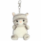 Silver Kitty clip-on plush, sleek with glistening fur and attentive eyes, elegance on the go