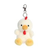 Plush keychain of a white chicken by Palm Pals with yellow feet, a red comb, and a sweet, smiling face.