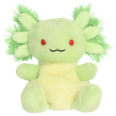 An axolotl plush toy from Aurora with neon green fur, red eyes, a sweet embroidered face, and frilly gills.
