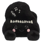 A piano plush toy from Aurora with a black piano-shaped body, keyboard details, tiny legs, and an embroidered face.