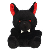 A hellhound plush toy from Aurora with black fur, pointed ears tipped in red, and subtle embroidered features.