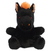 A nightmare horse plush toy from Aurora with a black body, fiery orange mane, pointed ears, and an understuffed design.