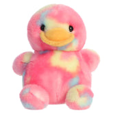 Shimmer Rubber Ducky plush with pink body, cheerful duck face, colorful details, and round shape