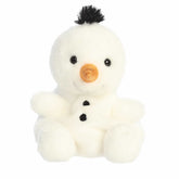 White snowman plush with carrot nose, black eyes, buttons, and a tuft of black hair