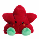 Red poinsettia plush with golden embroidery, smiling face, and mint green feet
