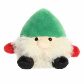 Plush gnome with fluffy white beard, button nose, red mittens, and tall green hat