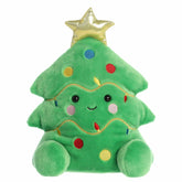 Oversized green tree plush with ornaments, gold garland, star topper, rosy cheeks, and a smile