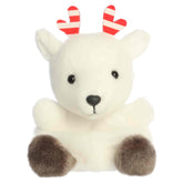 White reindeer plush with red and white striped peppermint antlers