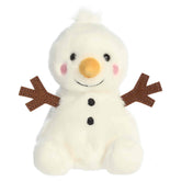 White snowman plush with a carrot nose, stick arms, and fits in the palm of your hand.