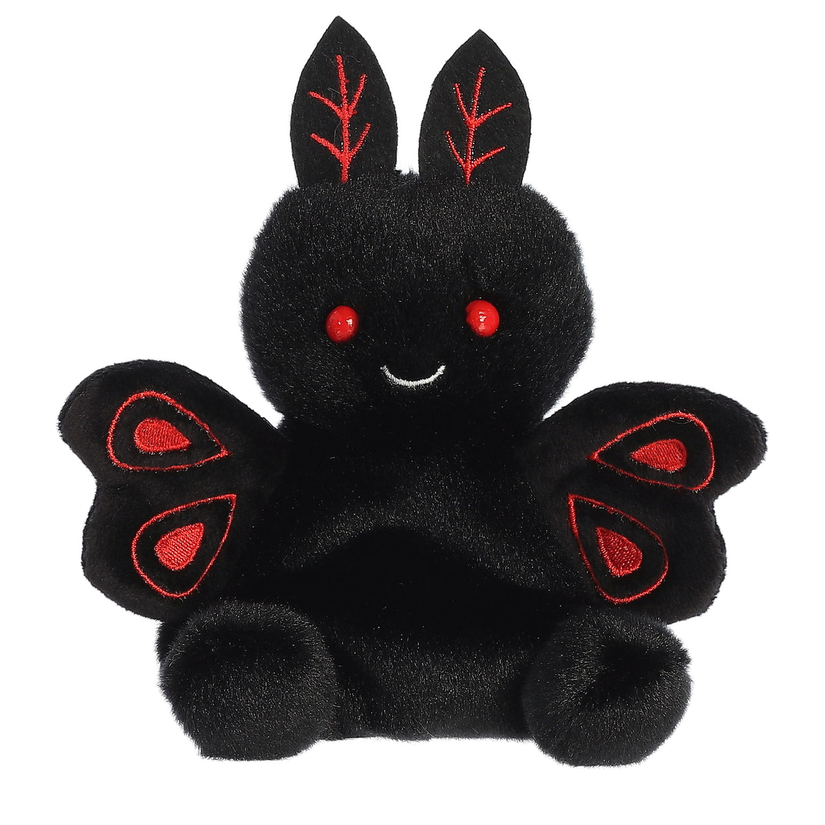Mortimer Mothman plush from Palm Pals, with black fur and red highlights, and beautiful red and black moth plush wings
