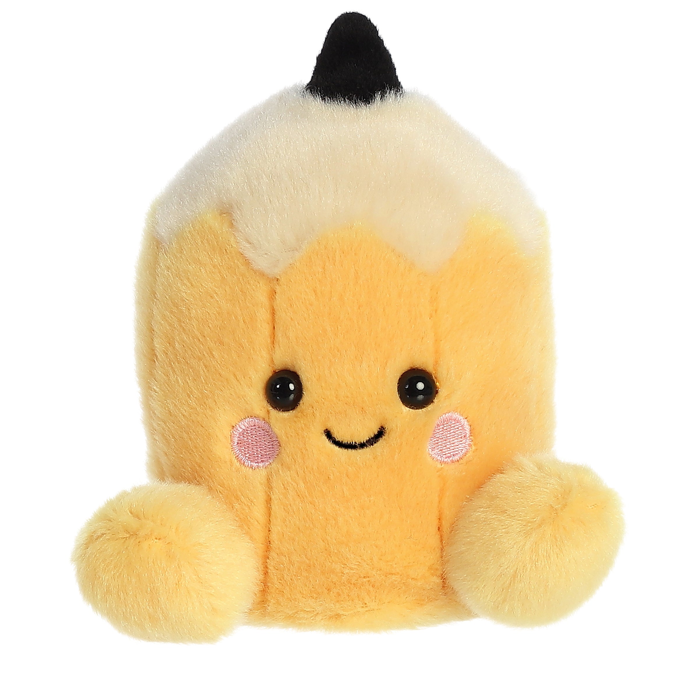 Tike Pencil plush from Palm Pals, featuring a yellow body and pink eraser, symbolizes creativity, with a cute smile!