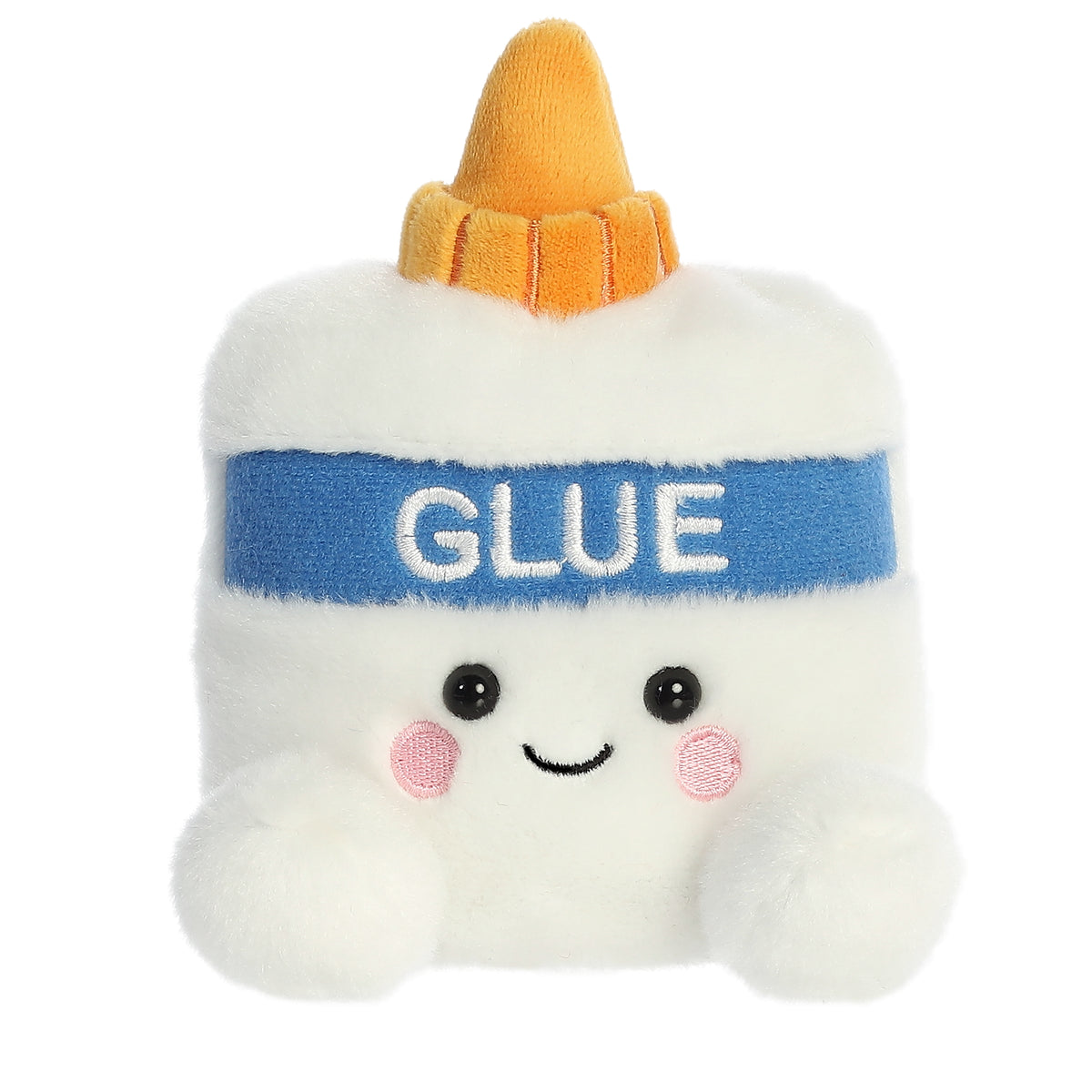Gooey Glue plush from Palm Pals, white with a blue band and golden cap, with "GLUE" written on its plush body