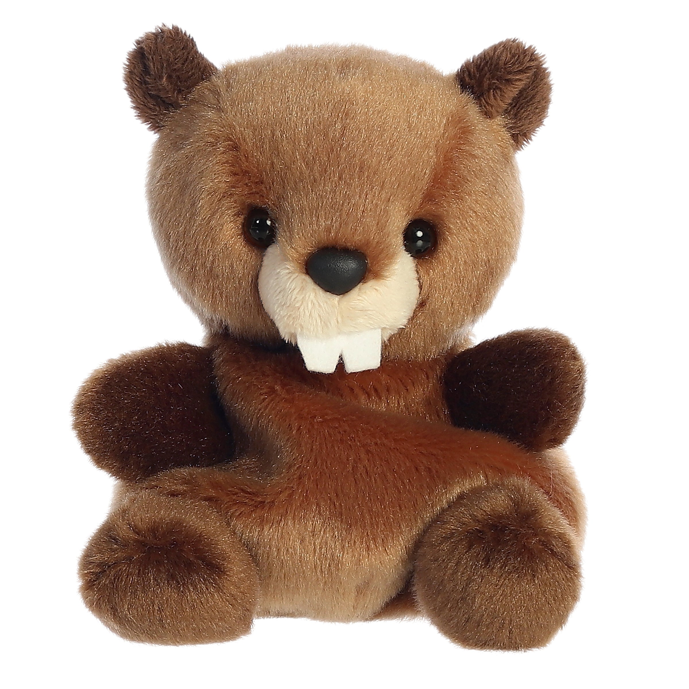 Chewy Beaver plush from Palm Pals, featuring soft brown fur and beaver teeth, it resembles a real-life beaver!
