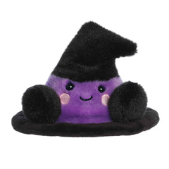 Vibrant purple and black witch hat plush with pink cheeks and a friendly smile. Ideal for magic lovers.