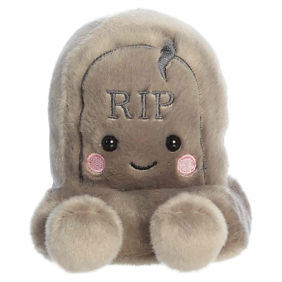 Gray tombstone plush with a sweet face and tiny resting feet