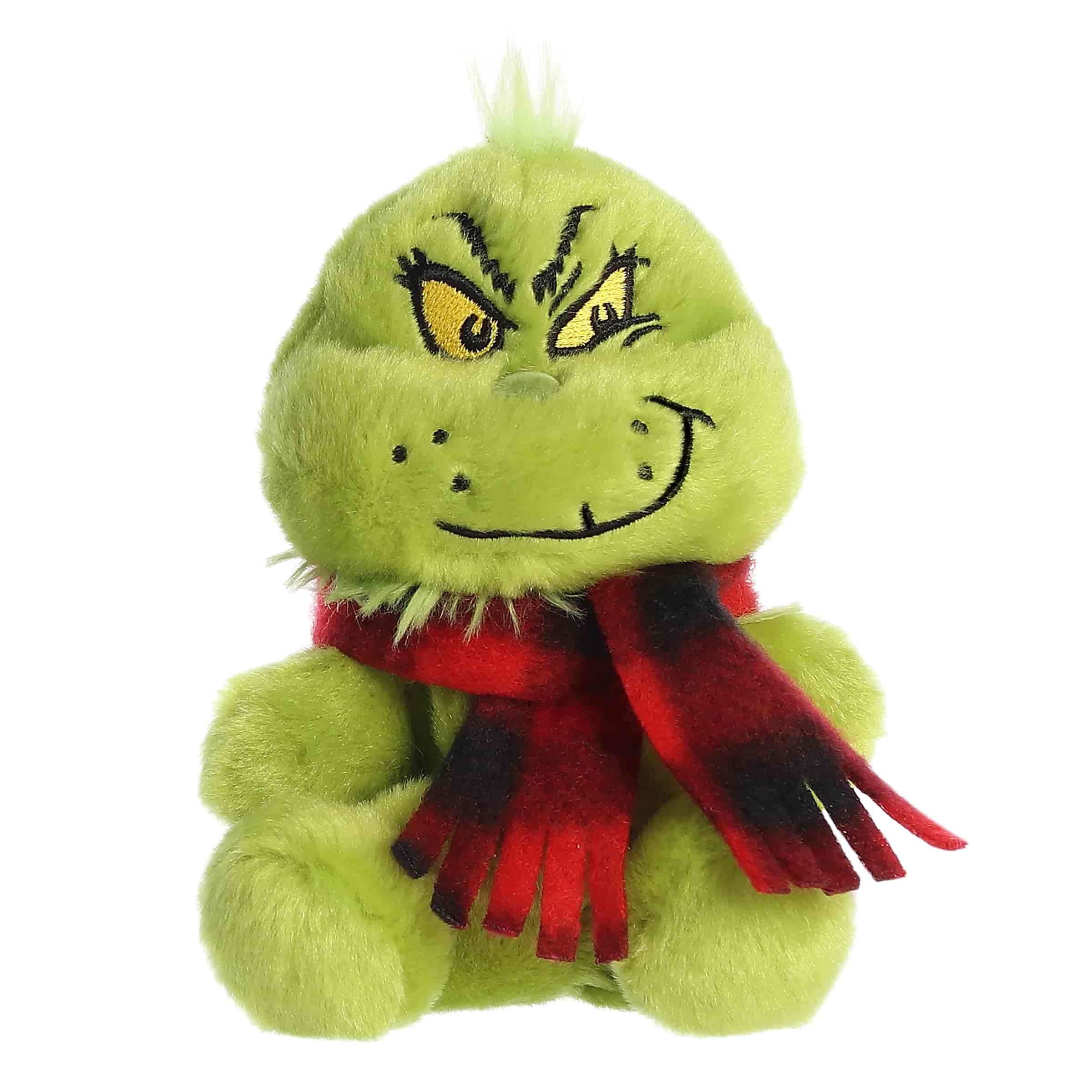 Vibrant green Grinch plush dressed in a cozy red scarf, perfect for adding a touch of charm to any collection.