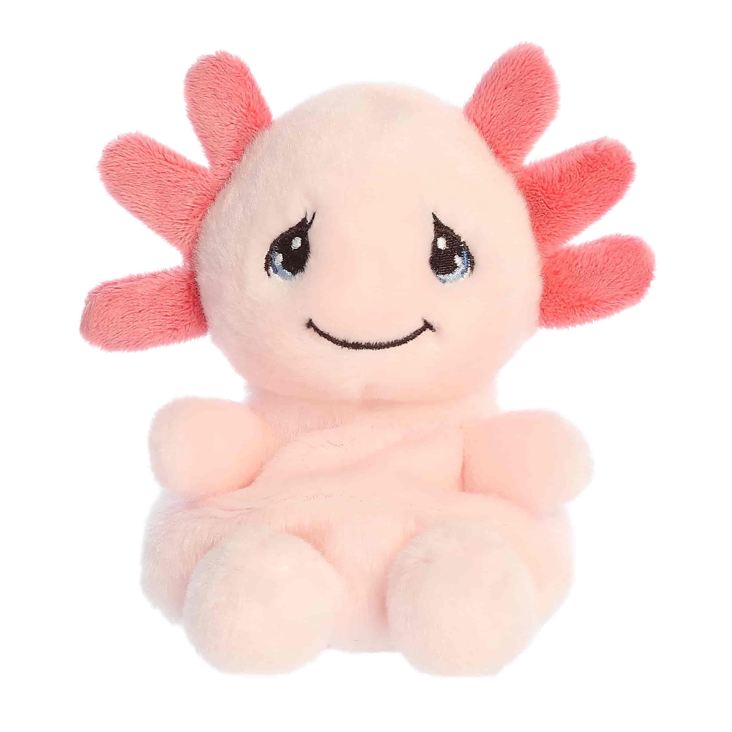 A soft pink axolotl plush with rosy frills and teardrop eyes from Precious Moments Palm Pals.