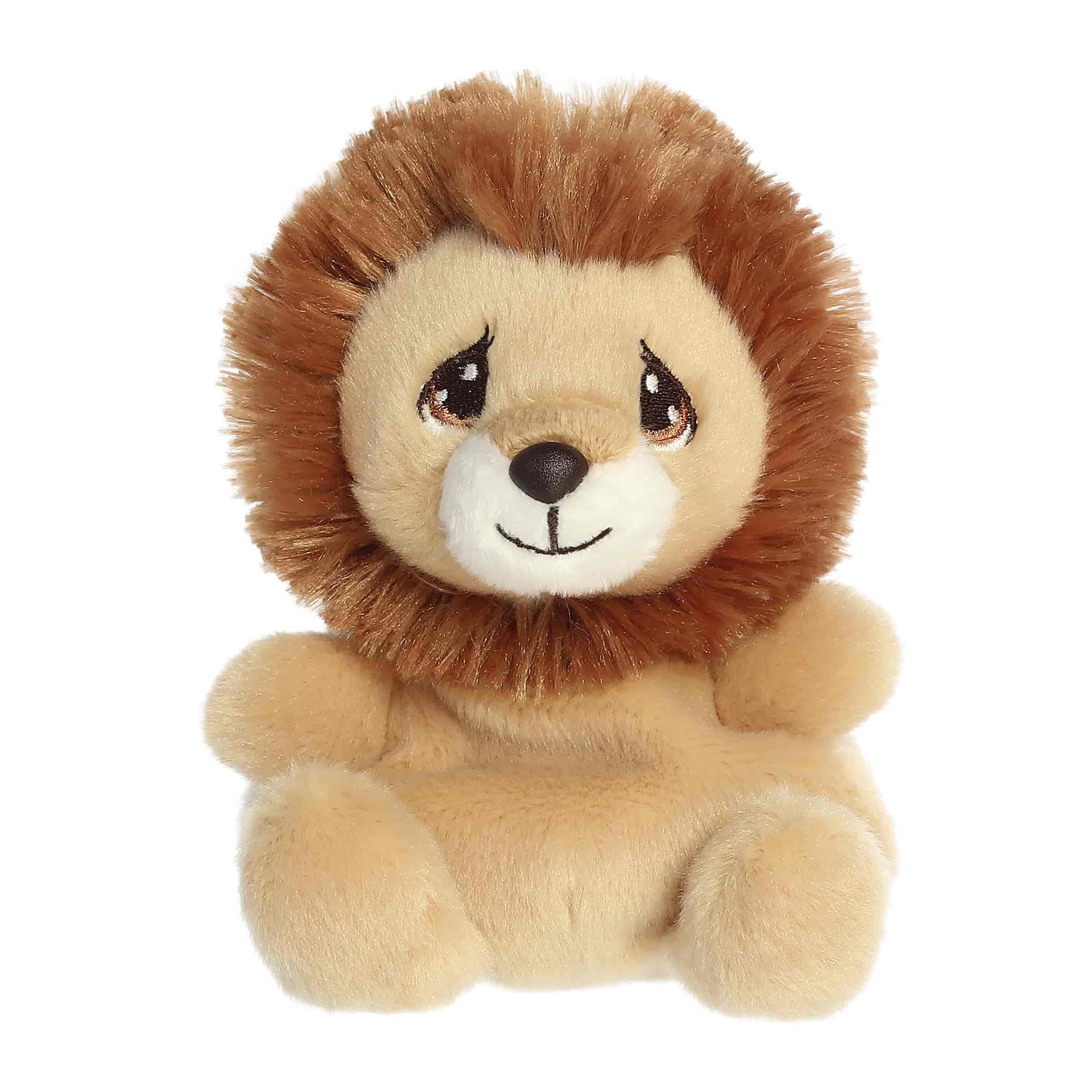 A soft golden lion plush with a fluffy mane and teardrop eyes from Precious Moments Palm Pals.