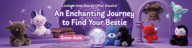 Promotional banner for a plush toy matching game, featuring various colorful palm pals plush characters arranged around a glowing crystal ball with the text 'An Enchanted Journey to Find Your Bestie' and an 'Enter Quiz' button.