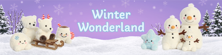 A long banner featuring winter-themed Palm Pals plushies including snowman, star, reindeers, and polar bear plushies with a text saying "winter wonderland".