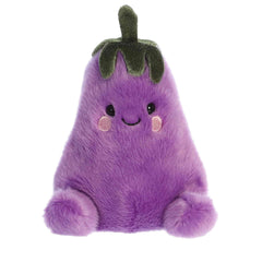 Cute cuddly eggplant plush toy with soft purple fur body, embroidered smiling face design with pink accents, and green stem.