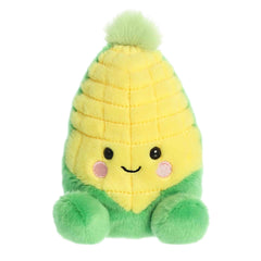 Cuddly mini corn shaped plush toy with bright yellow and green fur body, light green tassel and textured design at the front.