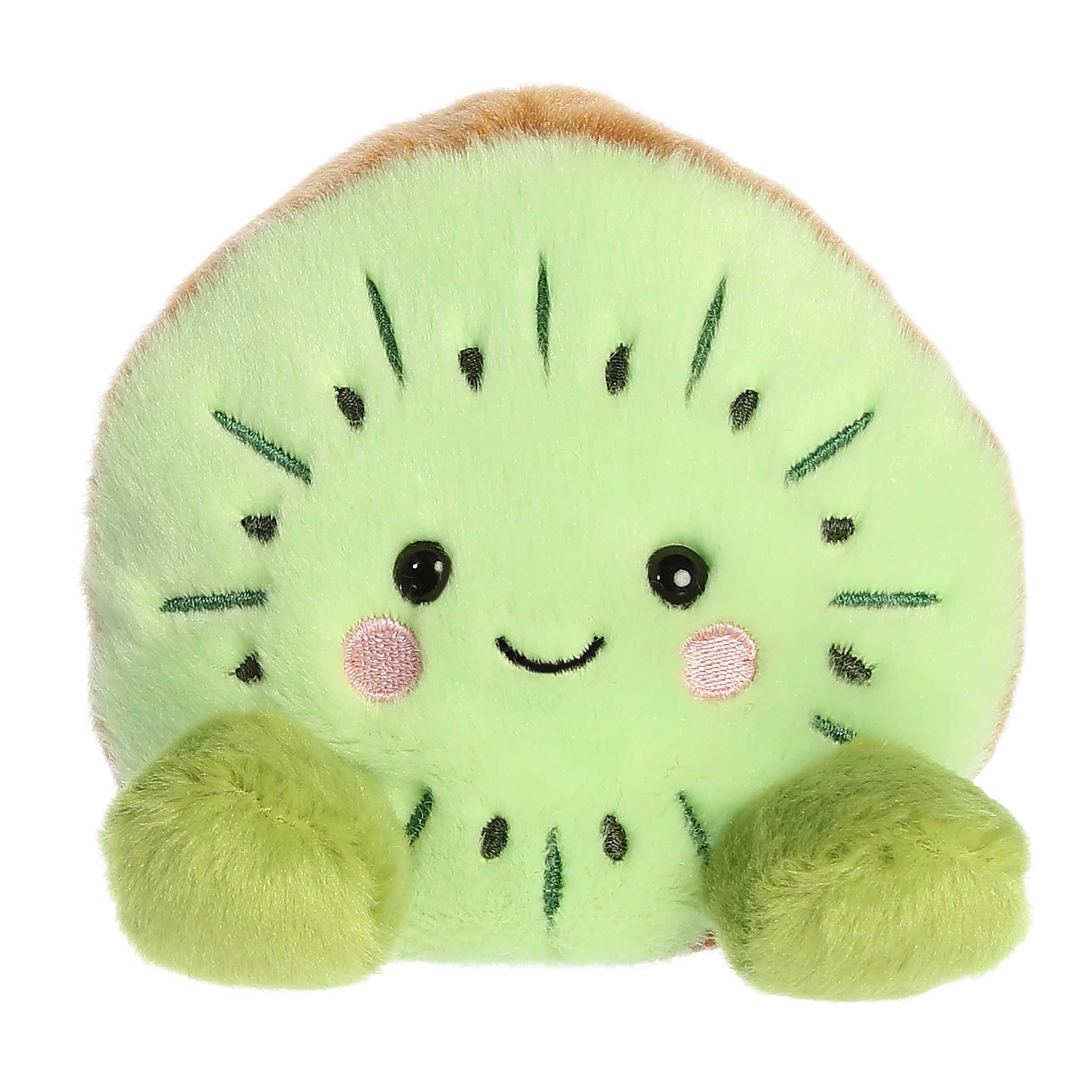 Kimber Kiwi is a delightful kiwi plush representation of the fruit, with a fuzzy lime-green exterior and a soft brown edge!