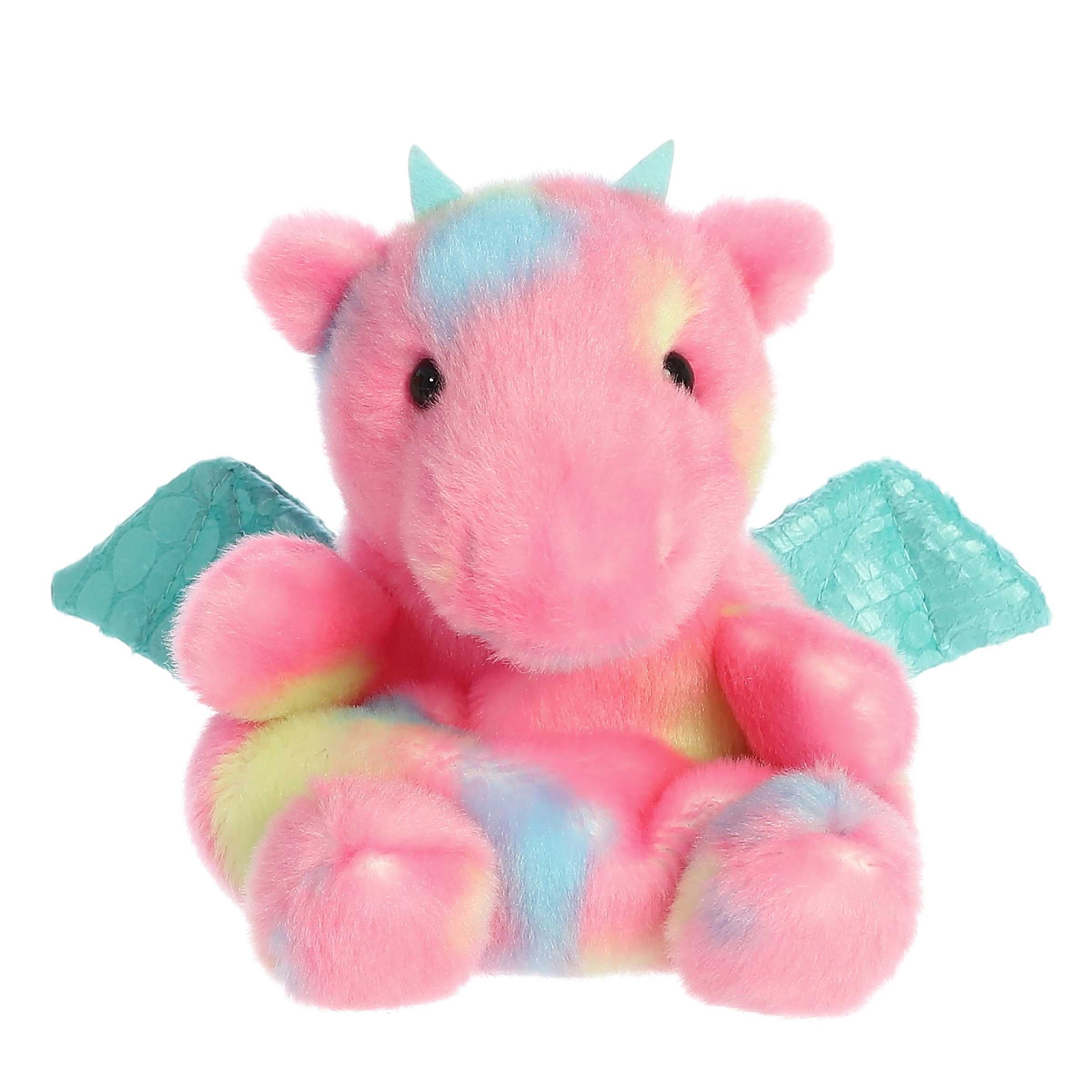 Anya Dragon plush is a vision of plush enchantment with her pastel pink and rainbow hues, with teal wings