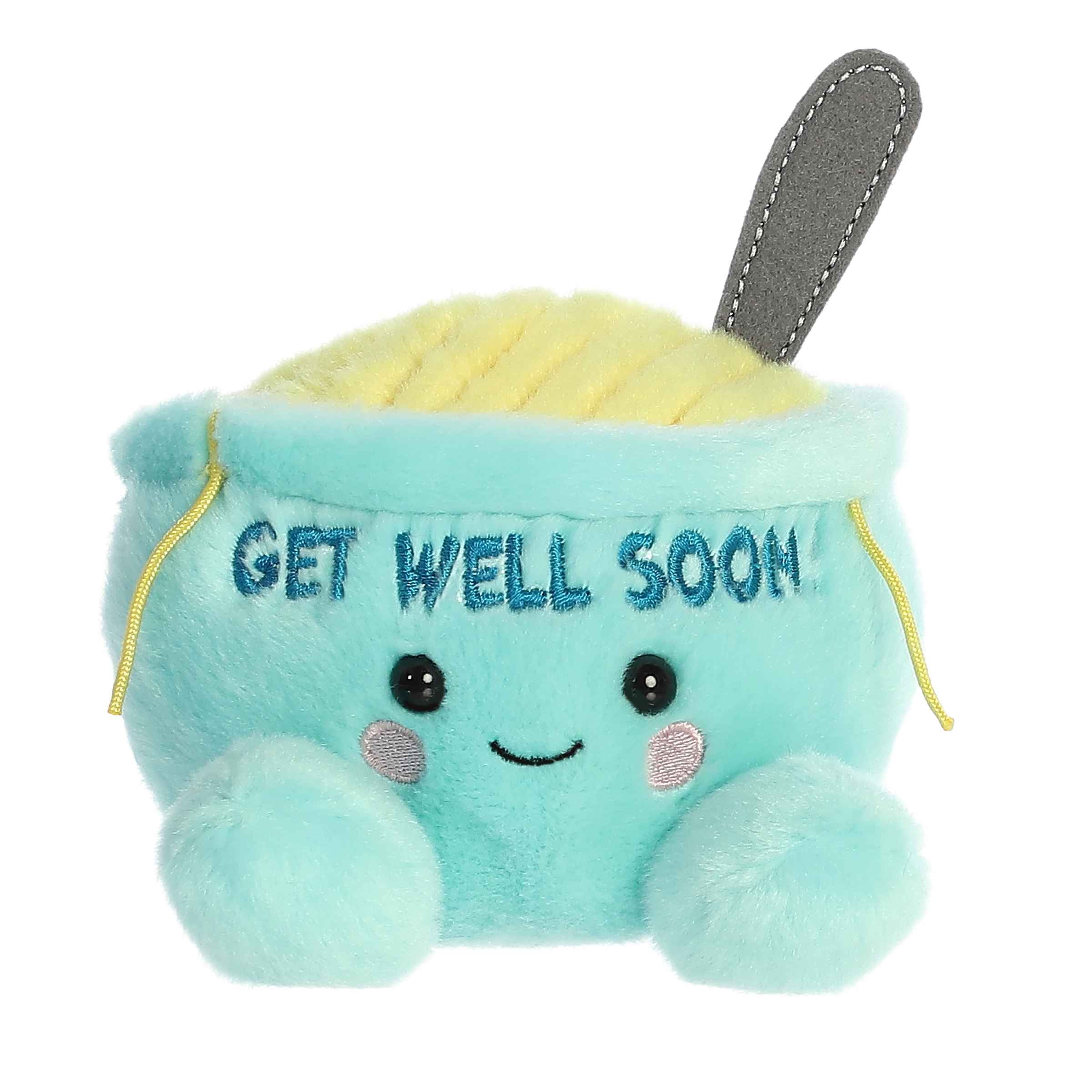 Welly Chicken Soup plush from Palm Pals, with soft yellow broth and Get Well Soon message, comforting