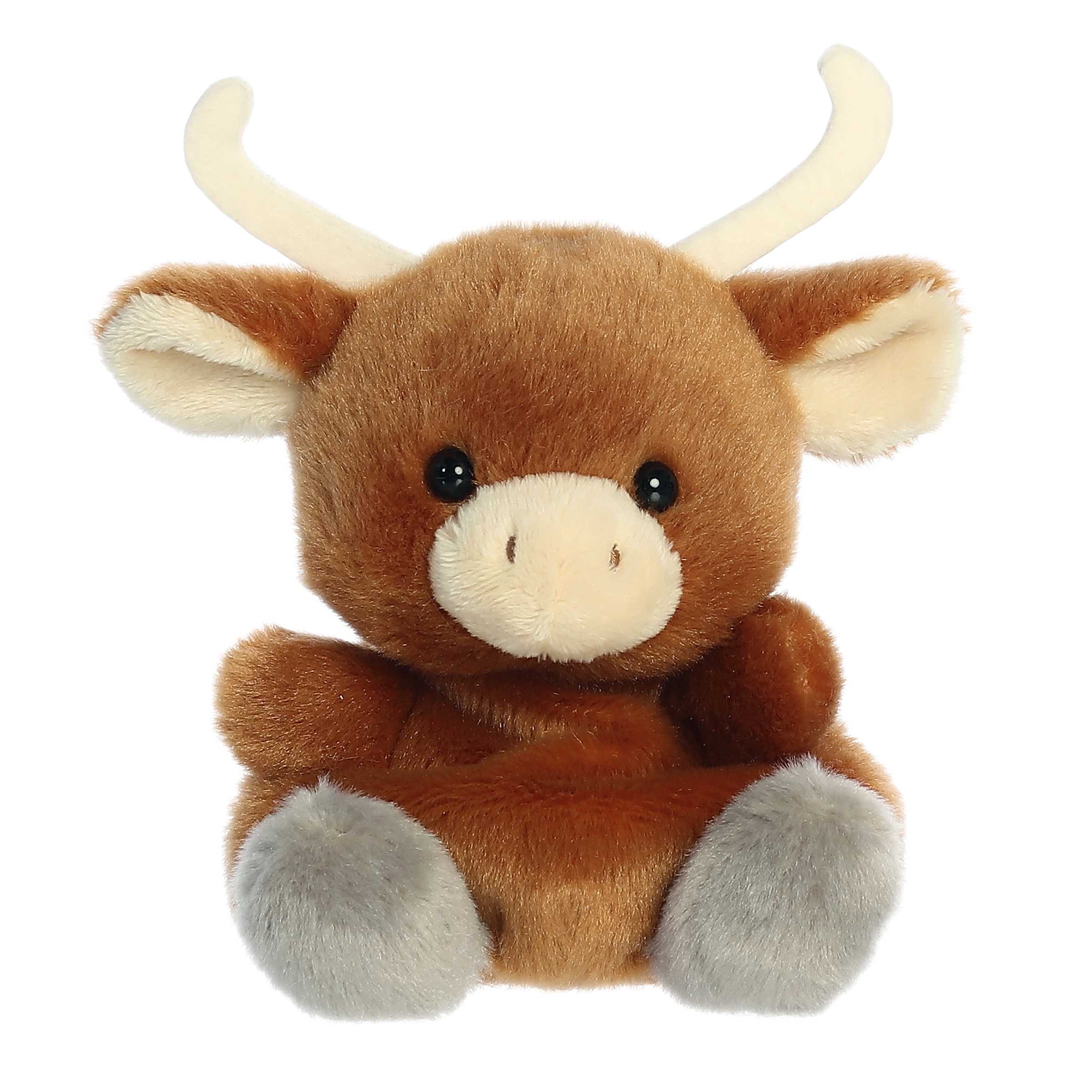 Landon Longhorn plush from Palm Pals, soft brown fur, grey hooves, rustic and cuddly.