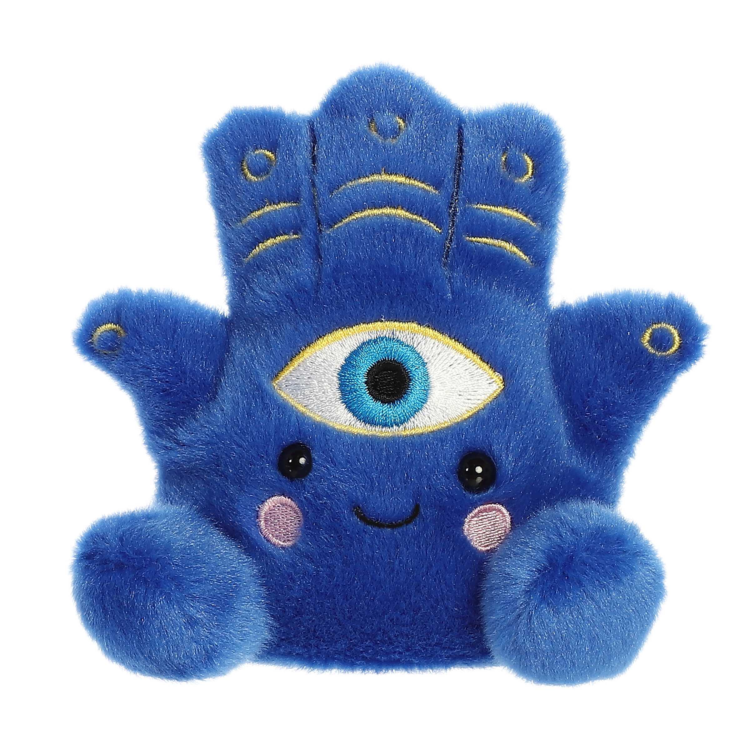 Farah Hamsa plush from Palm Pals, vivid blue with eye patterns, soft and charming for protection and play.