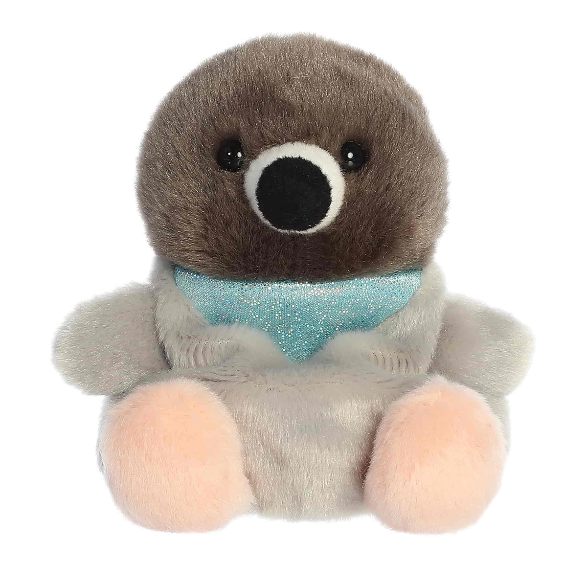 A pigeon plush in the Palm Pals collection with a blue face and peach-colored details.