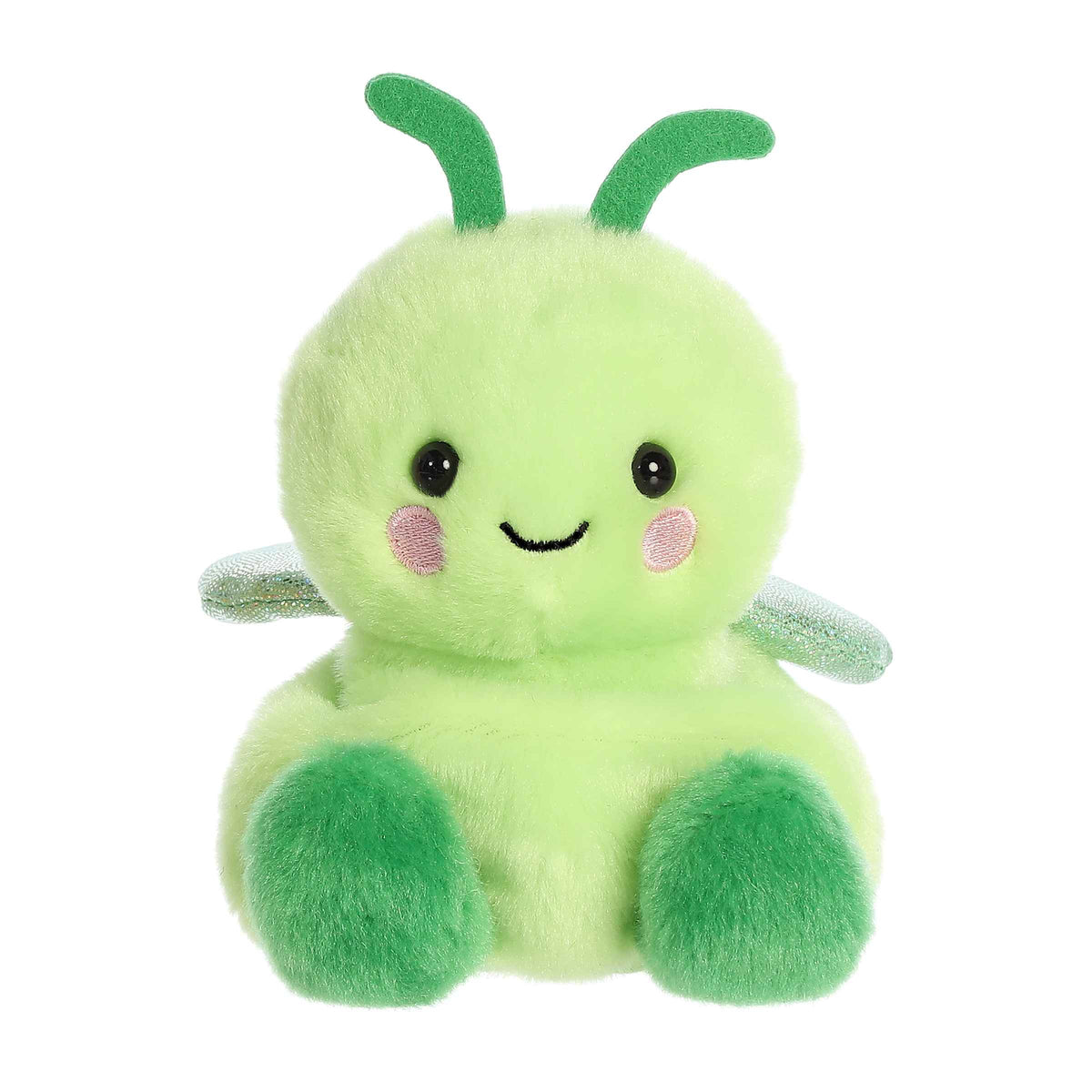 Plush toy of a bright green grasshopper in the Palm Pals collection with pink cheeks.