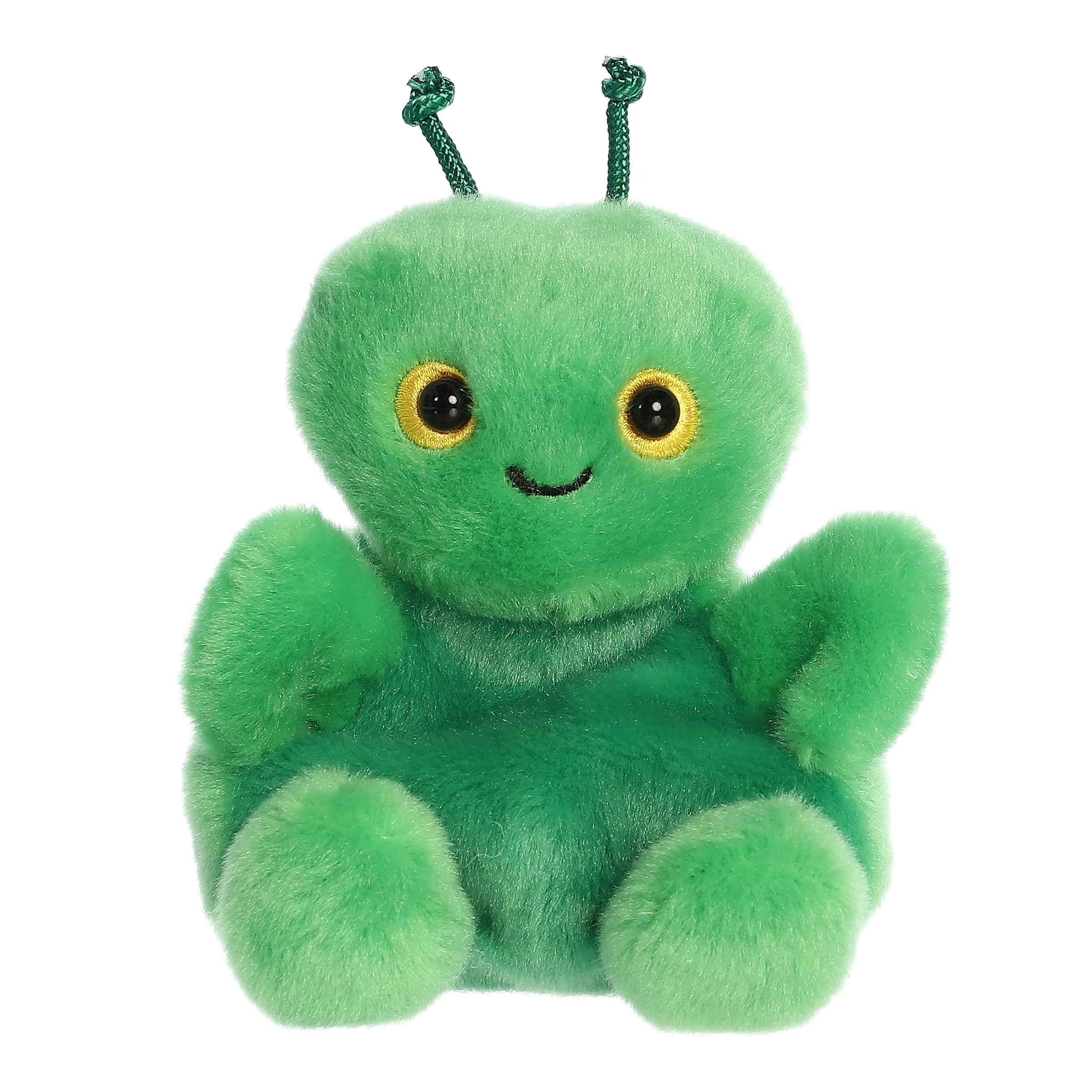 Plush toy of a green praying mantis in the Palm Pals collection with friendly eyes.