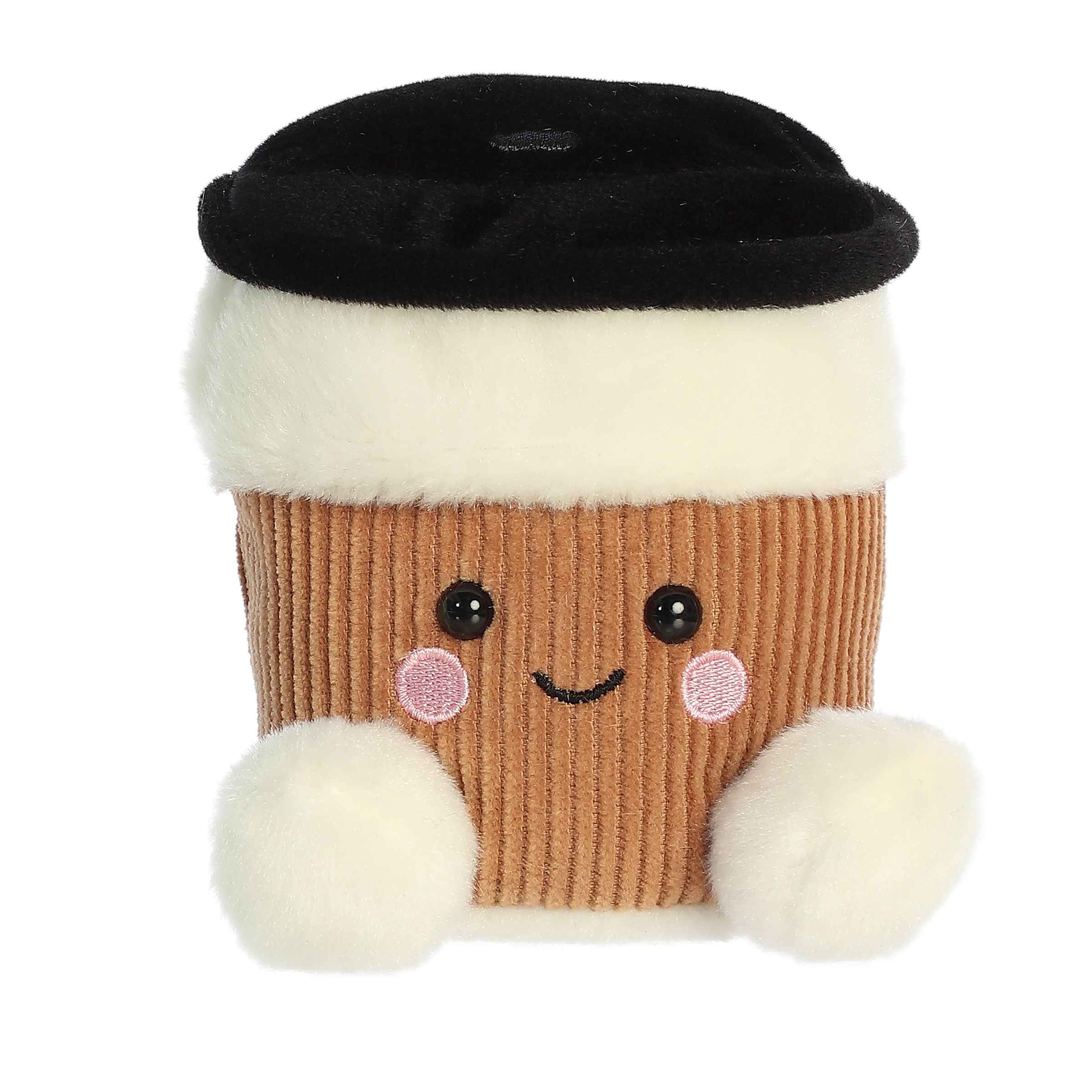 Plush toy of a coffee cup in the Palm Pals collection with a ribbed design and a black lid.