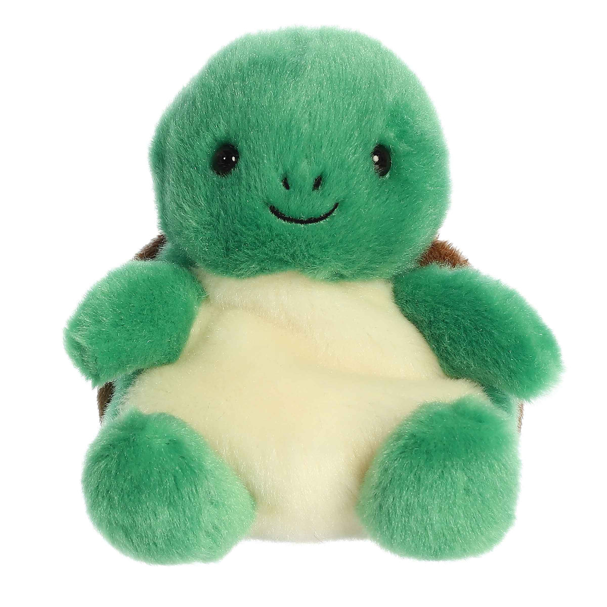 Plush toy of a green sea turtle in the Palm Pals collection with a soft white belly and a friendly smile.