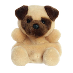 Plush toy of a tan pug in the Palm Pals collection with a black mask and large, soulful eyes.