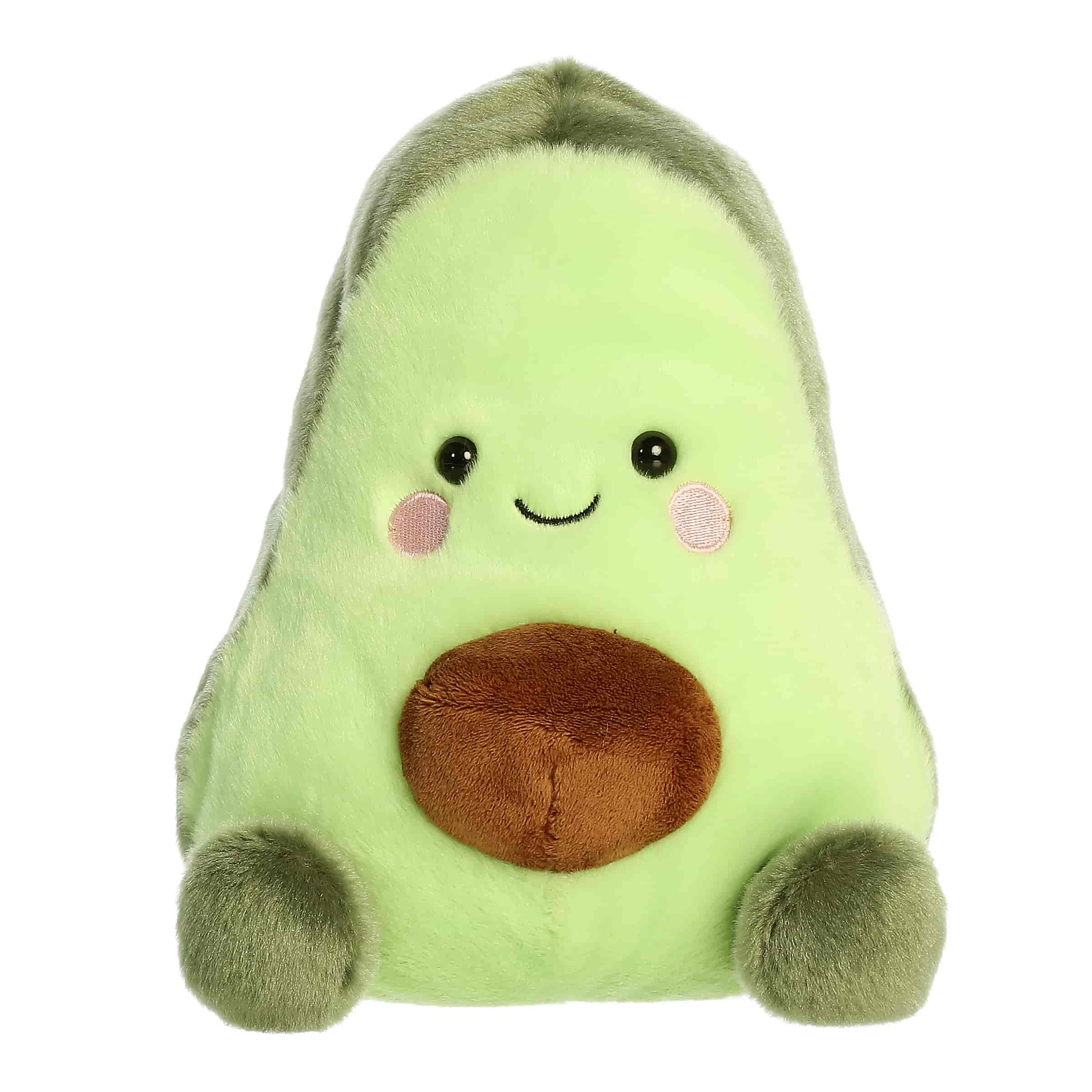 Plush toy of a green avocado in the Palm Pals collection, larger version, with a brown pit and happy face.
