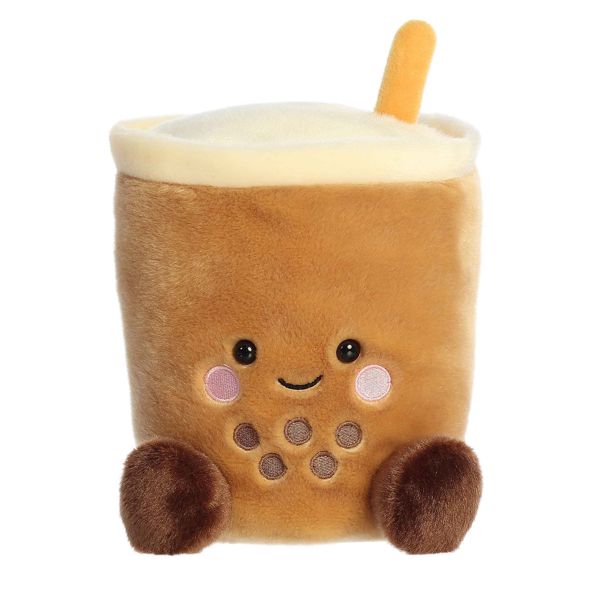 Larger plush toy of a boba tea cup in the Palm Pals collection, with a smiling face and an adorable straw.