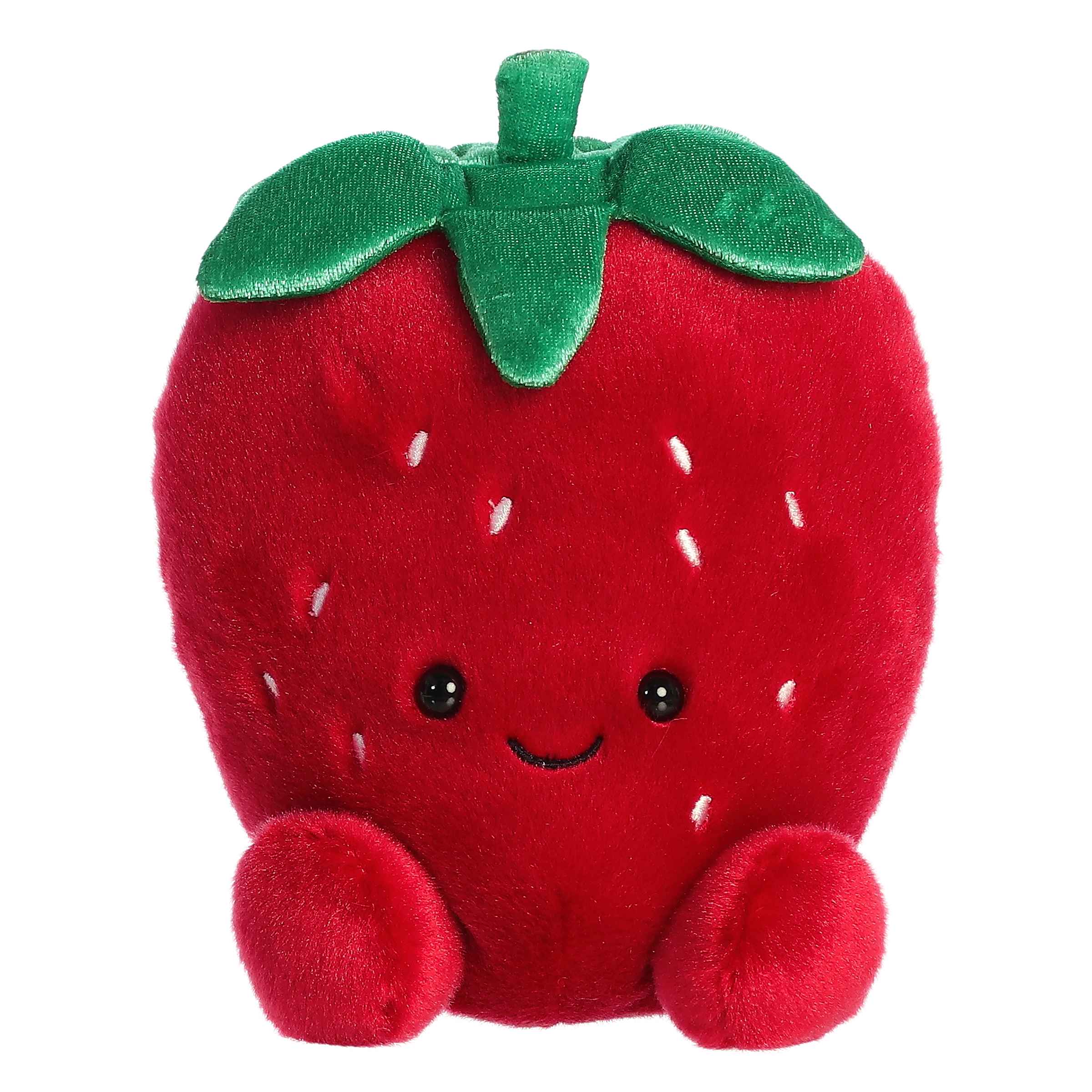 Larger plush toy of a red strawberry in the Palm Pals collection, with a happy face and green leaf cap.