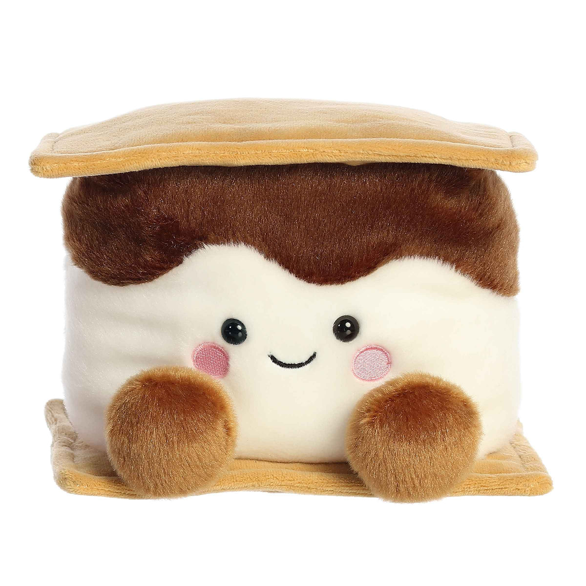 Larger plush toy of a s'more featuring layers of graham cracker, chocolate, and marshmallow