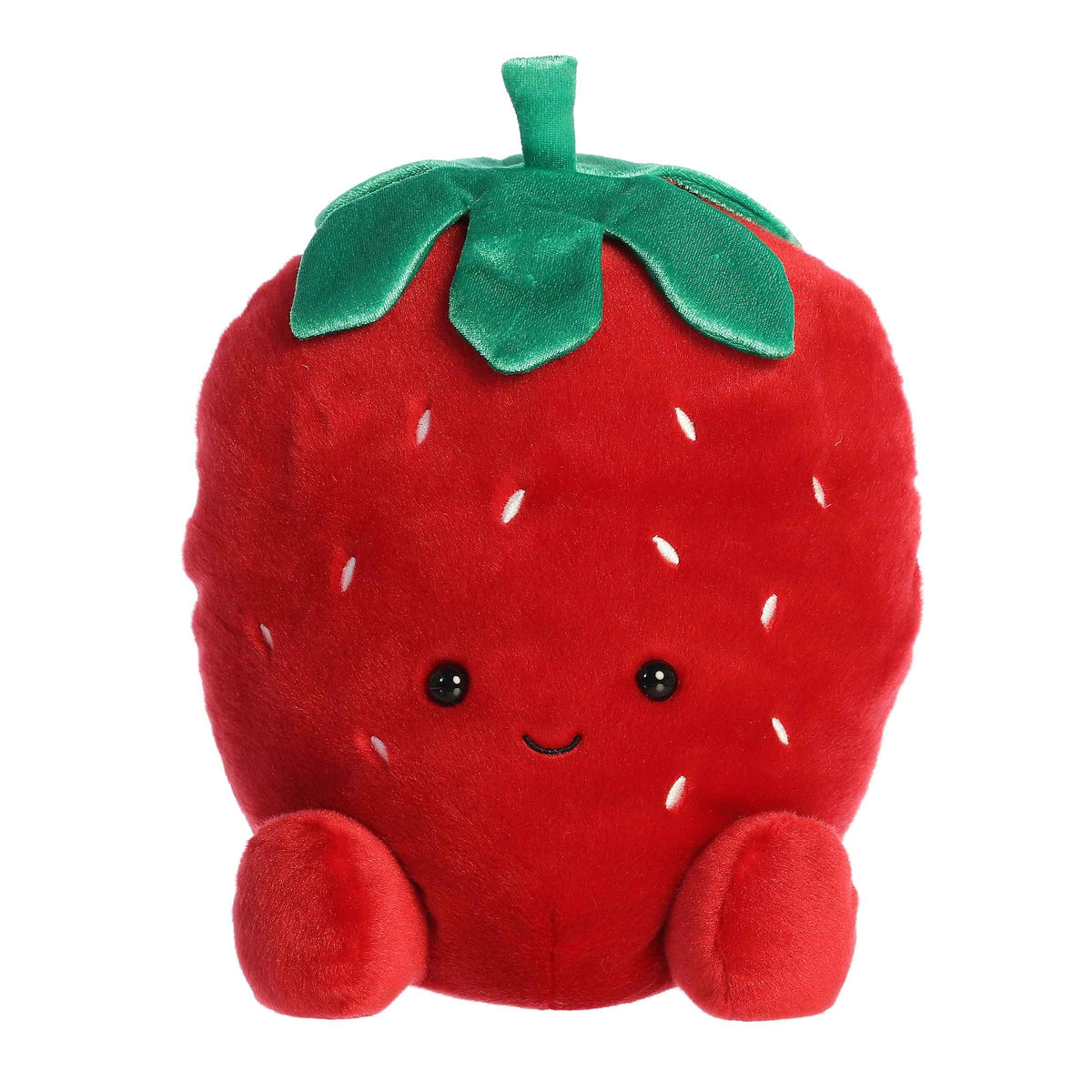 Larger plush toy of a red strawberry in the Palm Pals collection, with a happy face and green leaf cap.